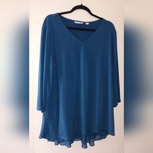 Susan Graver V-neck Peplum Flowing Women's Top in Teal Blue XL